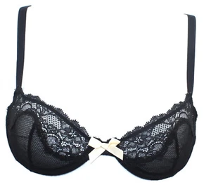 H&M 34A Black Beauty Unlined Sheer Mesh Lace Balconette Underwire Bra EUC - Picture 1 of 1