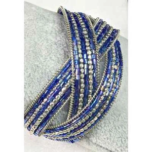 Silver Tone Blue Aurora Borealis Beaded Criss Cross Wide Cuff Bracelet - Picture 1 of 8