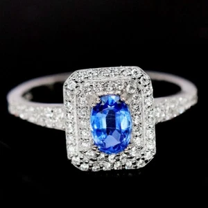 925 STELRING SILVER RING NATURAL BLUE KYANITE OVAL UNHEATED & WHITE CZ SIZE 7 - Picture 1 of 12