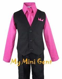 My Mini Gent Boys 4PC Solid Black Vest Suit Set Many Colors Vest Pants Shirt Tie - Picture 1 of 12