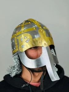 Wikinger Kettenhemd Helm Mittelalter Kettenhemd Stahl und Messing Helm Mittelalter - Bild 1 von 3