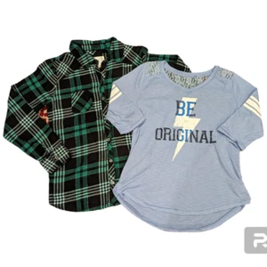 2 Shirts Top Flannel Shirt Long Sleeve Metallic Threads Short Sleeve Tee Size 16 - Picture 1 of 13