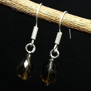 Natural Smoky Quartz Solid 925 Silver Gemstone Handmade Earring Gift Jewelry - Picture 1 of 6