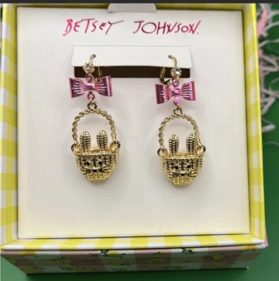Pendientes colgantes Betsey Johnson cristales dorados arco rosa conejito de Pascua caza Foto 1 de 4