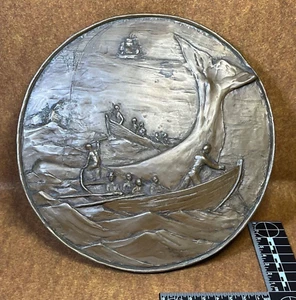 GROSSE ANTIKE Bronzetafel Moby Dick Szene SELTEN NAUTISCHER WALFANG BRONZE RELIEF - Bild 1 von 3