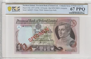 Northern Ireland 1977 10 Pounds Specimen PCGS Banknote Certified UNC 67 PPQ CS2 - Picture 1 of 2