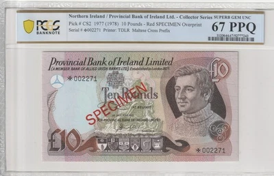 Northern Ireland 1977 10 Pounds Specimen PCGS Banknote Certified UNC 67 PPQ CS2 - Image 1 of 2