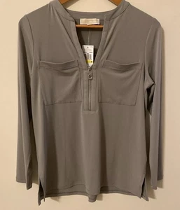 Michael Kors Blouse Medium MK Zip Front NWT Concrete Gray. 2 Small Stitch * Pic4 - Picture 1 of 10