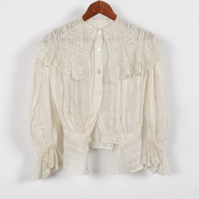 Antigua Blusa Victoriana Eduardiana de Encaje Años 1800 1900 Volantes Gótica Floral Botón Foto 1 de 4