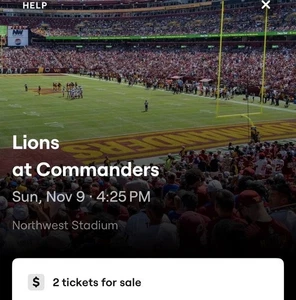 2 Washington Commanders vs Detroit Lions Tickets & Parking November 9, 2025 - Picture 1 of 4