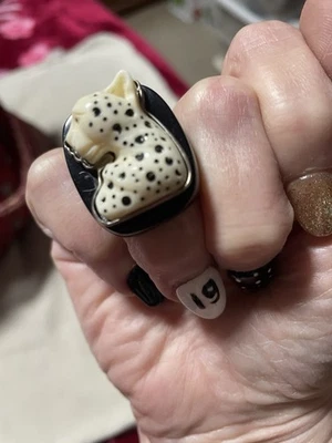 AMY KAHN RUSSELL AKR LEOPARD CAT HEAD STERLING RING SIZE 7 BLACK PLASTIC LUCITE? - Image 1 of 4