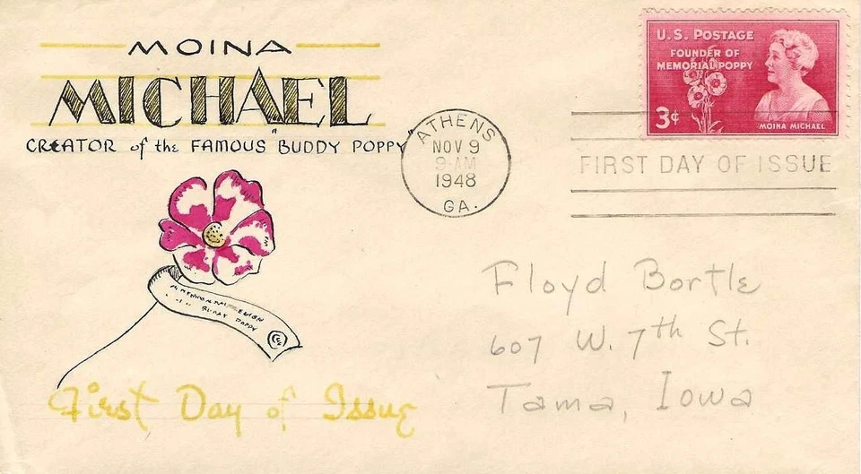 Moina Michael-Memorial Poppy #977 FDC Floyd Bortle Cachet ?? M5136 - Image 1 of 1