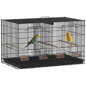 Jaula para pájaros PawHut con divisor, 4 perchas de madera, bandeja deslizable, negra - Imagen 1 de 11