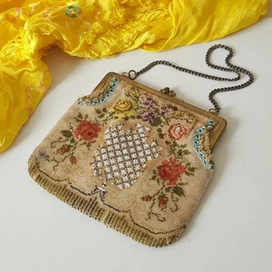 Antike edwardianische Tasche mit Mikroperlen und Blumenmuster - Bild 1 von 18