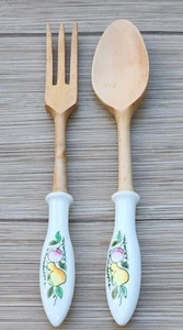 MCM SALAD SERVERS Wood w/Porcelain Handpainted Handle Pear Cherry 11.25" Kitchen - Picture 1 of 11