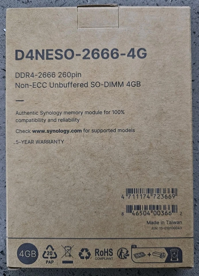 Synology D4NESO-2666-4G 4GB DDR4-2666 SO-DIMM 260-Pin NAS Memory RAM Non-ECC New - Image 1 of 3
