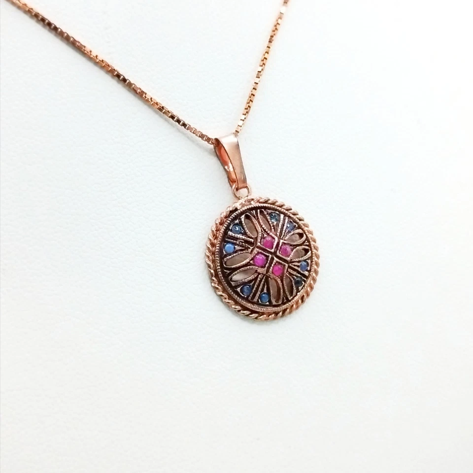 Pendente Argento 925 Rosé Antico Teorema Vicenza con Rubini e Zaffiri - Immagine 1 di 4