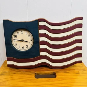 Handmade Wooden American Flag Wall Quartz Clock 16”x9.5” Painted Red White Blue - Picture 1 of 14