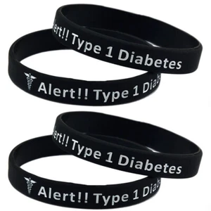 Adult Size Type 1 Diabetes Medical Insulin Alert ID Silicone Bracelets 4 Pack - Picture 1 of 14