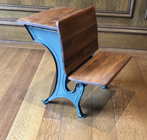 Antique Wooden Child’s School Desk Folding Seat w/Cast Iron Base Cover