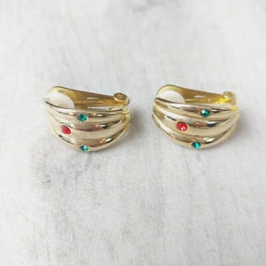 Orecchini Dimante Rosso Verde Clip Tono Oro Stile Vintage - Foto 1 di 19