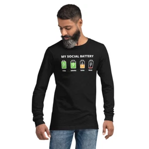 My social Battery, Funny Black Unisex Long Sleeve Tee - Picture 1 of 7