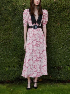 Womens French Floral V-neck Dress Pink Cinched Waist Long Skirt 2025 Summer - Picture 1 of 14