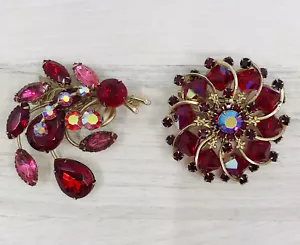 2 - VINTAGE RED PINK AB RHINESTONE NAVETTE BEAD STATEMENT PIN BROOCHES Unmarked - Picture 1 of 21