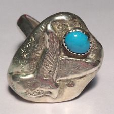 Big/Bold Artisan Sterling Silver Eagle & Blue Turquoise Ring - Men's Size 13.5