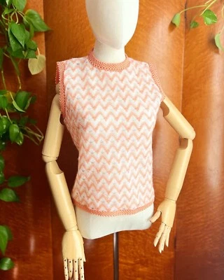 NARANJA Y CREMA 1960’S 60s Vintage Tejido Jersey Suéter Top Blusa S M Foto 1 de 4