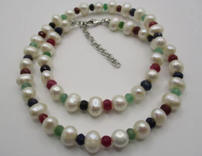 Collier,Kette, Süßwasserperle, Rubin, Saphir, Smaragd, ca.45,5 cm + Verlängerung - Bild 1 von 4