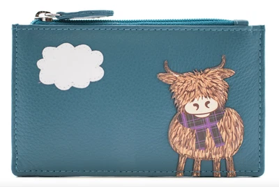 Bella Highland Cow With Tartan Scarf Leather Card And Coin Purse In Teal Green - Image 1 of 2