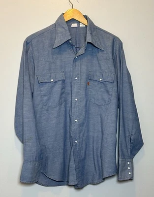 Camisa de Trabajo Vintage Años 70 Levi’s Naranja Tab Perla Snap Chambray Manga Larga Grande Foto 1 de 4