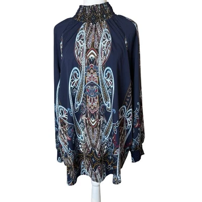 Blusa Chicos Talla 3 Cuello Calado Puños Fluido Azul Marrón Paisley Artística Boho Chic Foto 1 de 4