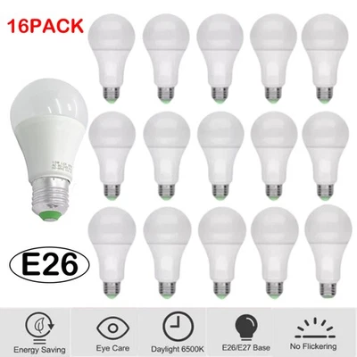 16PCS LED Light Bulbs 15W/100W Daylight A19/A60 6000K E26 Replacement Lamp White - Image 1 of 4