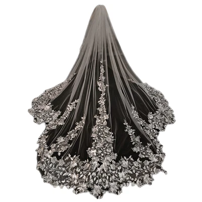 Velos de boda apliques de encaje longitud catedral con peine velos de novia de 1 nivel Foto 1 de 4