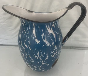 Vintage Blue & White Swirl Graniteware Water Pitcher 7" w/Black Handle - Picture 1 of 10