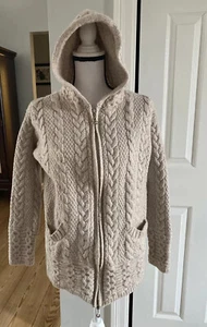 Inis Crafts S Ireland Merino Wool Sweater Cable Cardigan Zip Hoodie Beige Aran - Picture 1 of 10