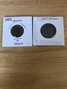 Lot of 2 Coins 1943 Mexico 10 Centavos And 1952 France 10 Frances - Picture 1 of 7
