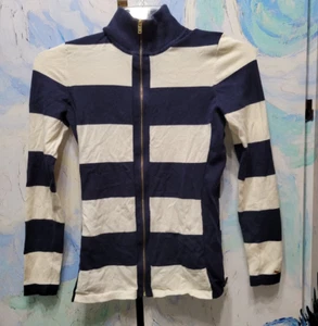 Womens Tommy Hilfiger Athluxe Navy Blue White Striped Sweater Cardigan Size M - Picture 1 of 2