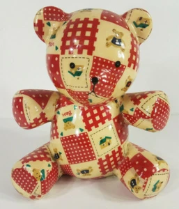 Rare vintage red patchwork glazed fabric ceramic teddy bear 7 inch coin bank - Picture 1 of 10