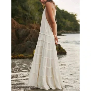 NWT Free People Somewhere Sunny Drop Waist Halter Maxi Dress in White Sz Medium - Picture 1 of 10