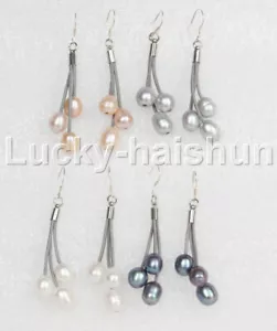 12mm white gray pink purple Black pearl gray leather dangle earring 925ss j12355 - Picture 1 of 9
