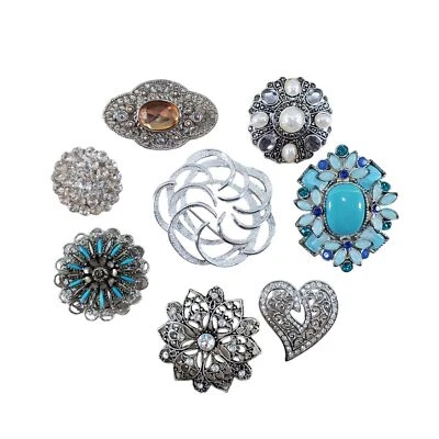 8 Brooch Lot Silver Tone Sarah Coventry Faux Pearl Rhinestone Turquoise Vintage - Image 1 of 4
