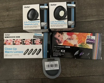 (KIT) Vivitar 52mm 0.43x Wide Marco /2.2x Telephoto Lens /Two 52mm Filter Sets. - Image 1 of 4