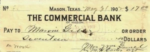 BANCO COMERCIAL MASON TEXAS 1902 MARVIN GIBBS OBRERO SEÑORA WM GAMEL MF CARTER TX - Imagen 1 de 1