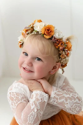 Burnt Orange Flower Crown for Girls Autumn Wedding Floral Holo Hair Headpiece Br - Image 1 of 4