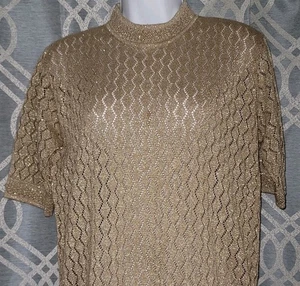 Vtg Sparkle Top Sweater Gold Metallic Party Going Out Textured Knit Womens Sz L - Picture 1 of 6