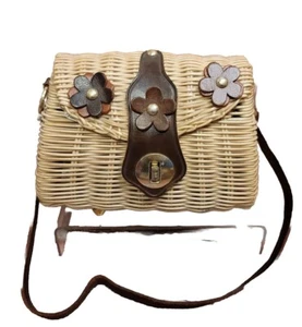 Vintage Plastic Coated Straw Mini Handbag Hong Kong Leather Flowers Minty - Picture 1 of 10