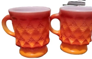 Anchor Hocking Fire King 2 KIMBERLY DIAMOND Orange Mugs 70's Vintage Coffee Cups - Picture 1 of 7